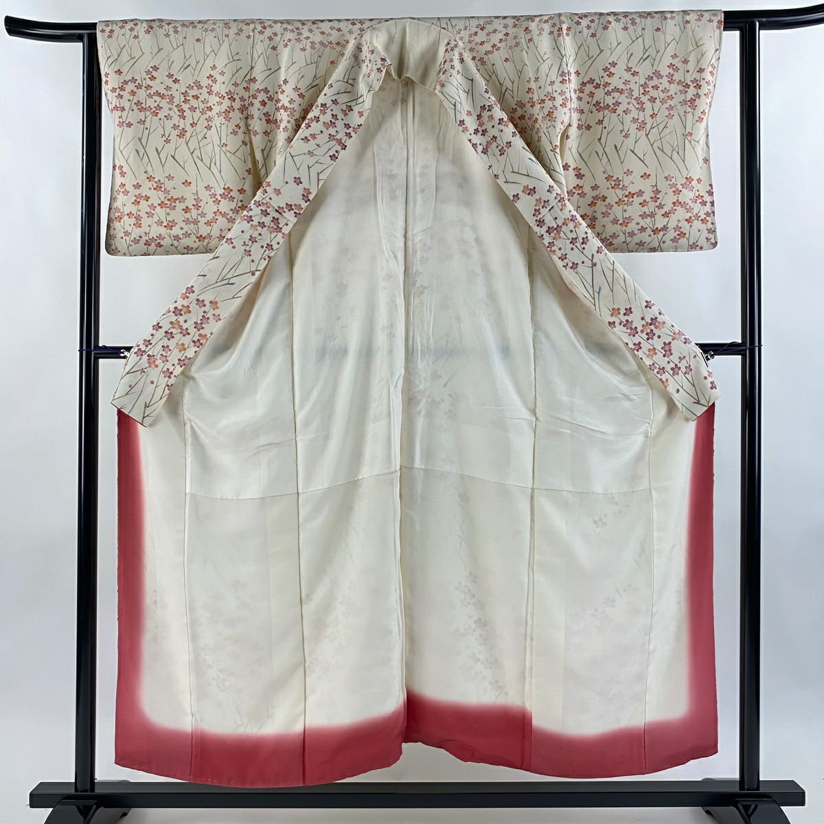 【美品】 小紋 身長154cm 袖長61cm S 雙層 梅花 縮緬 奶油色 純蠶絲 優品級
