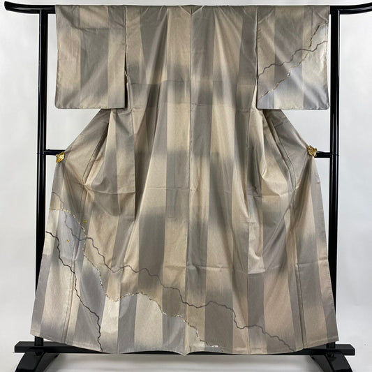 【美品】 付下 身長158.5cm 袖長61.5cm S 雙層 紬織織 大和 道長取 縱條 金絲 金銀彩 米色 純蠶絲 優品級