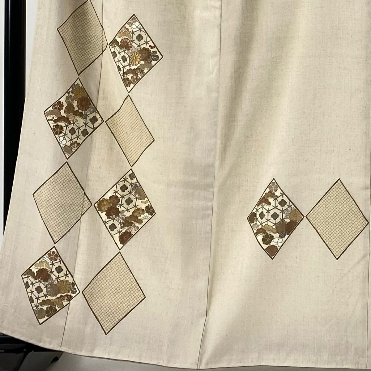 付下 身長161.5cm 袖長65cm M 雙層 紬織織 菱形 草花紋紋 刺繡 金彩裝飾 米色 純蠶絲 優品級