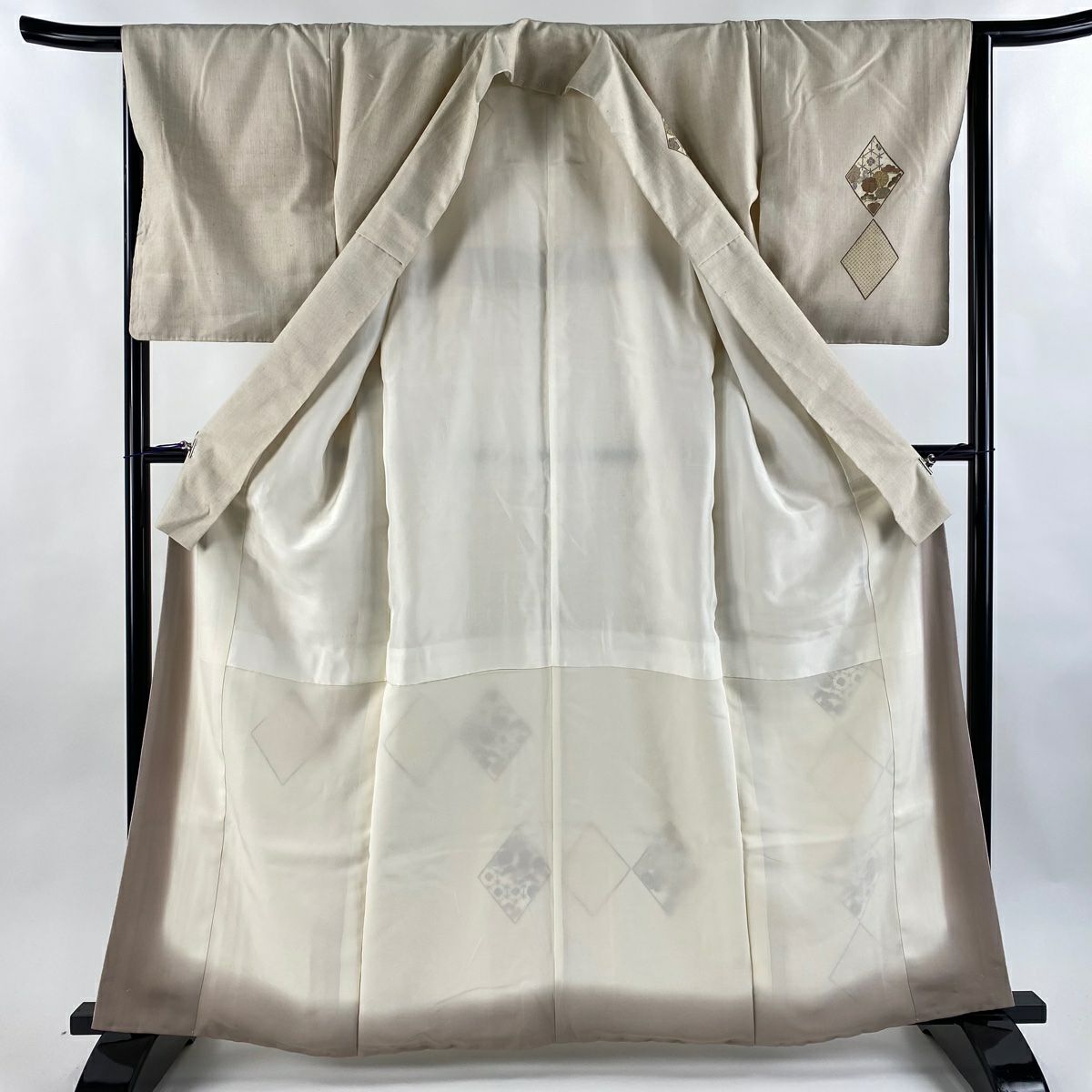 付下 身長161.5cm 袖長65cm M 雙層 紬織織 菱形 草花紋紋 刺繡 金彩裝飾 米色 純蠶絲 優品級