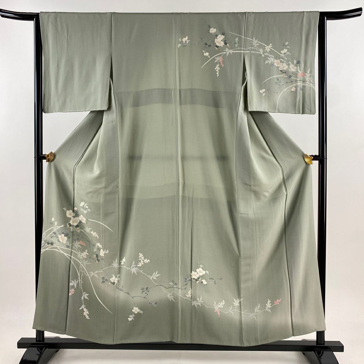 訪問服 身長156.5cm 袖長63.5cm S 雙層 椿葉與果實 漸層 灰綠 純蠶絲 優品級