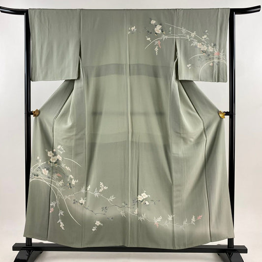 訪問服 身長156.5cm 袖長63.5cm S 雙層 椿葉與果實 漸層 灰綠 純蠶絲 優品級