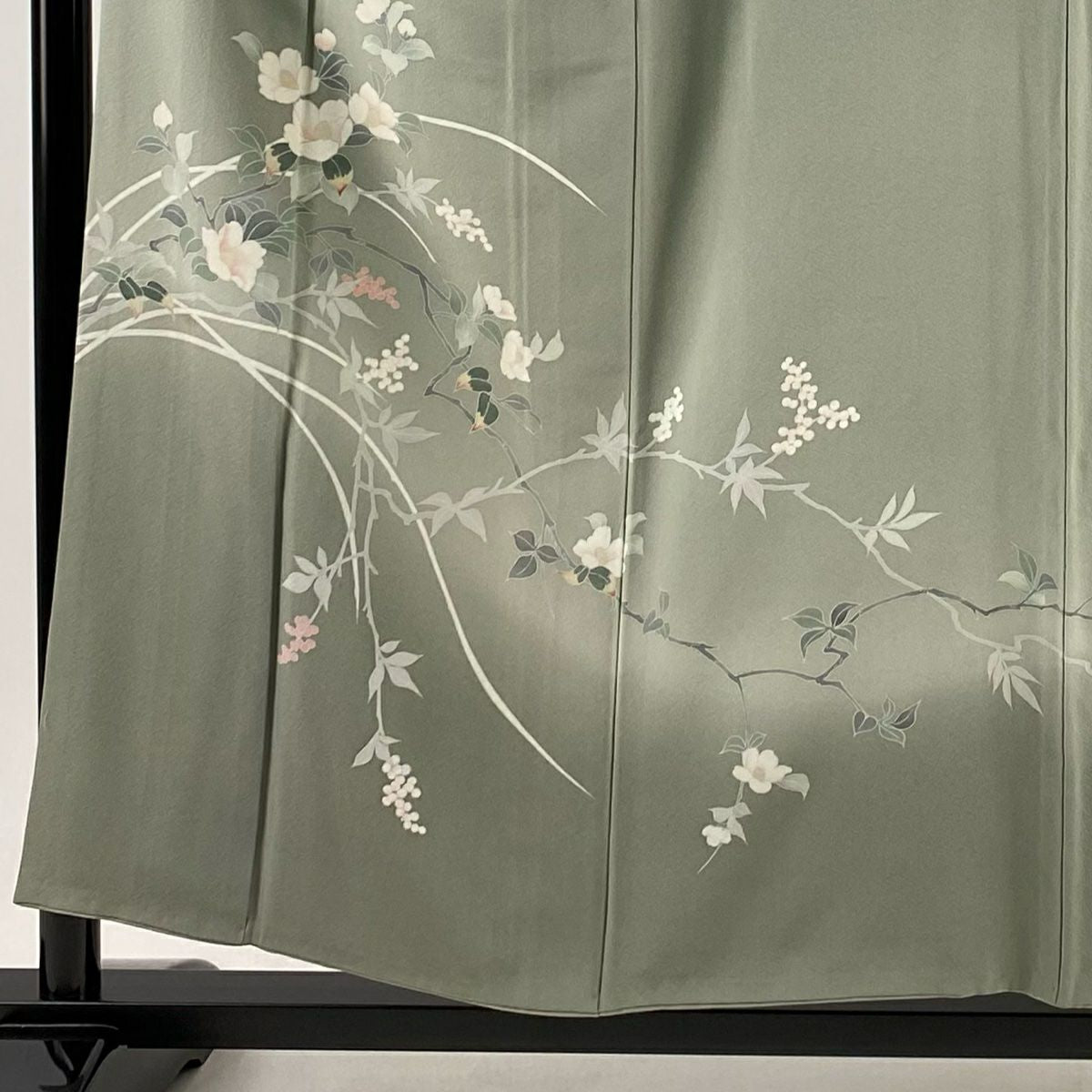 訪問服 身長156.5cm 袖長63.5cm S 雙層 椿葉與果實 漸層 灰綠 純蠶絲 優品級