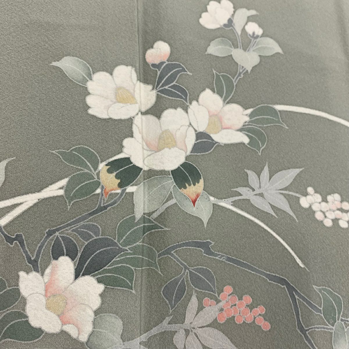 訪問服 身長156.5cm 袖長63.5cm S 雙層 椿葉與果實 漸層 灰綠 純蠶絲 優品級