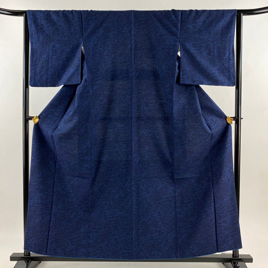 小紋 身長158.5cm 袖長64cm M 雙層 紬織織 證書齊全 草花紋紋 流水 藍染 深藍 純蠶絲 優品級