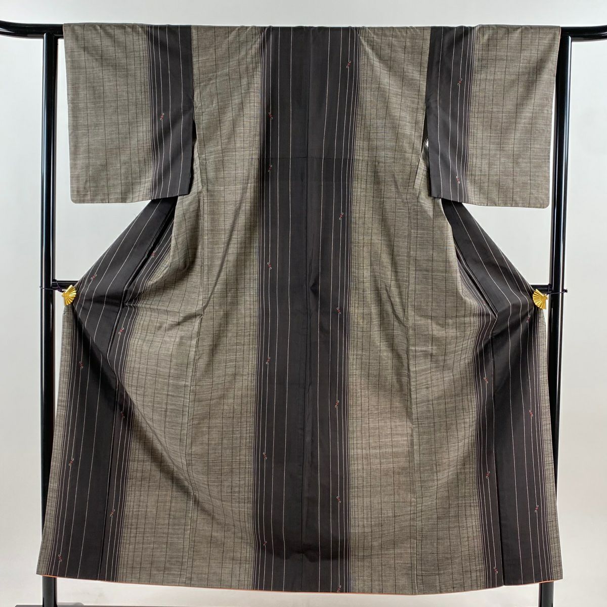 【美品】 紬織 身長153.5cm 袖長63cm S 雙層 縱條 幾何圖案 焦茶 純蠶絲 秀品級