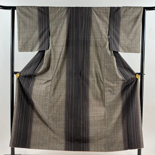 【美品】 紬織 身長153.5cm 袖長63cm S 雙層 縱條 幾何圖案 焦茶 純蠶絲 秀品級