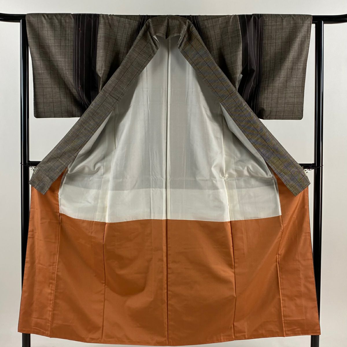 【美品】 紬織 身長153.5cm 袖長63cm S 雙層 縱條 幾何圖案 焦茶 純蠶絲 秀品級