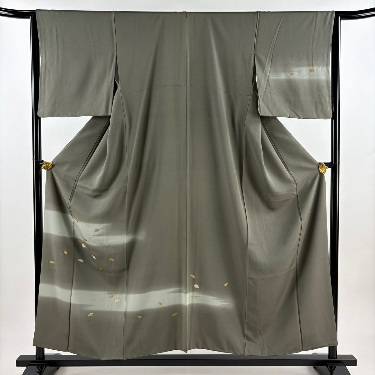 付下 身長155.5cm 袖長63.5cm S 雙層 葉柄 芝 金絲 刺繡 灰綠 純蠶絲 優品級