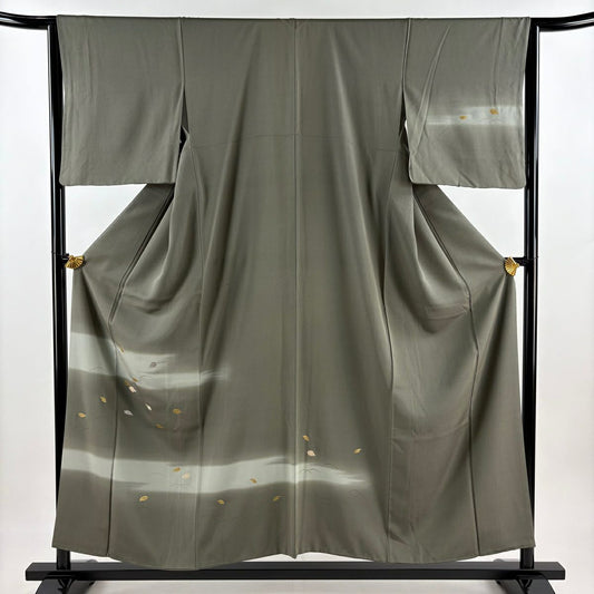付下 身長155.5cm 袖長63.5cm S 雙層 葉柄 芝 金絲 刺繡 灰綠 純蠶絲 優品級
