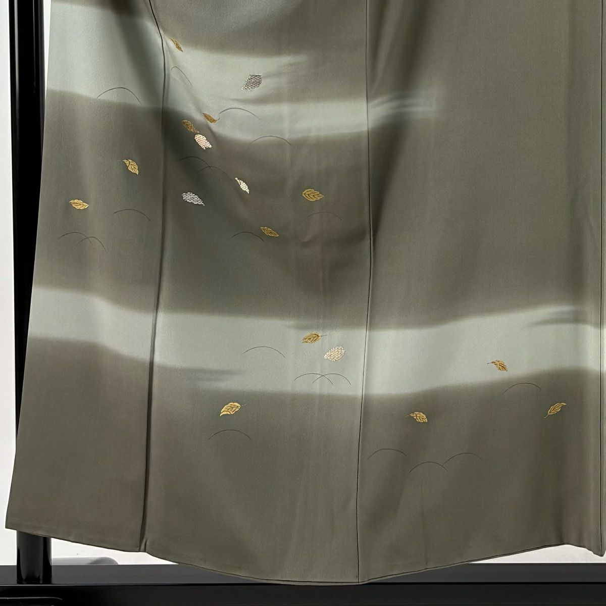 付下 身長155.5cm 袖長63.5cm S 雙層 葉柄 芝 金絲 刺繡 灰綠 純蠶絲 優品級