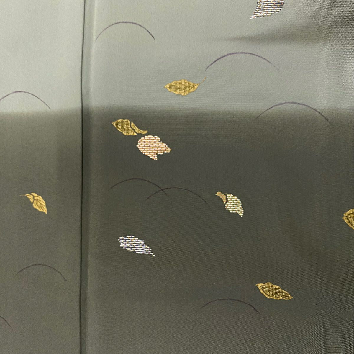 付下 身長155.5cm 袖長63.5cm S 雙層 葉柄 芝 金絲 刺繡 灰綠 純蠶絲 優品級