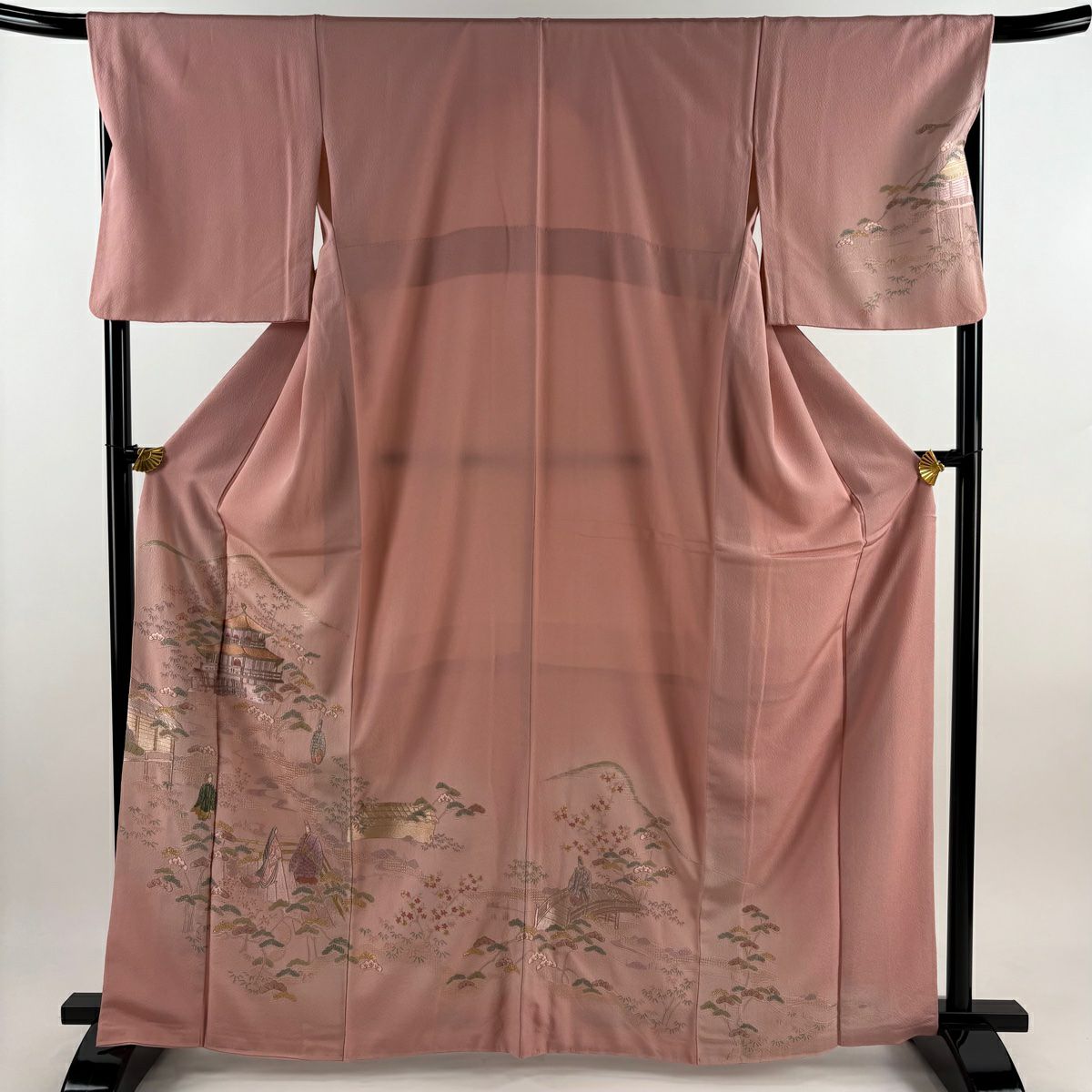 訪問服 身長164.5cm 袖長68cm L 雙層 建物 人物 刺繡 金金箔 粉紅 純蠶絲 秀品級