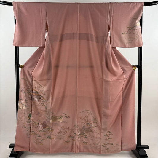 訪問服 身長164.5cm 袖長68cm L 雙層 建物 人物 刺繡 金金箔 粉紅 純蠶絲 秀品級