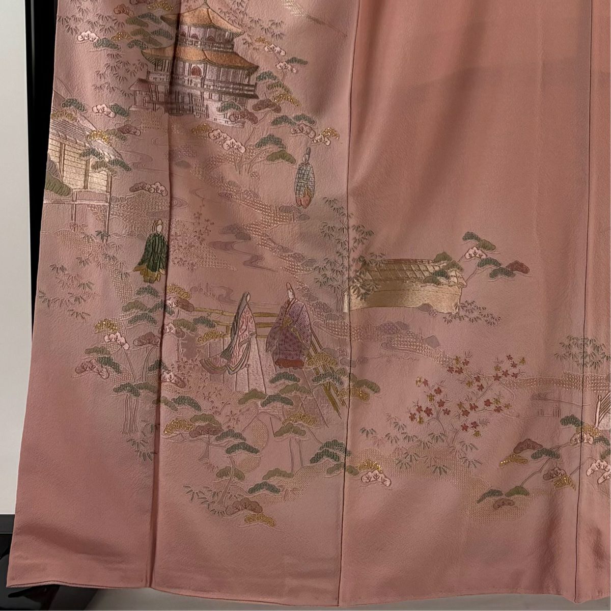 訪問服 身長164.5cm 袖長68cm L 雙層 建物 人物 刺繡 金金箔 粉紅 純蠶絲 秀品級