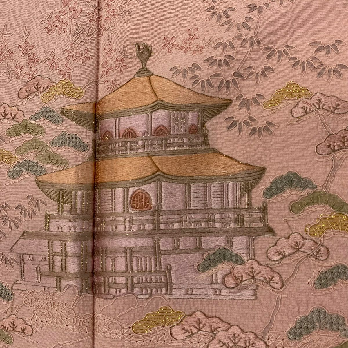 訪問服 身長164.5cm 袖長68cm L 雙層 建物 人物 刺繡 金金箔 粉紅 純蠶絲 秀品級
