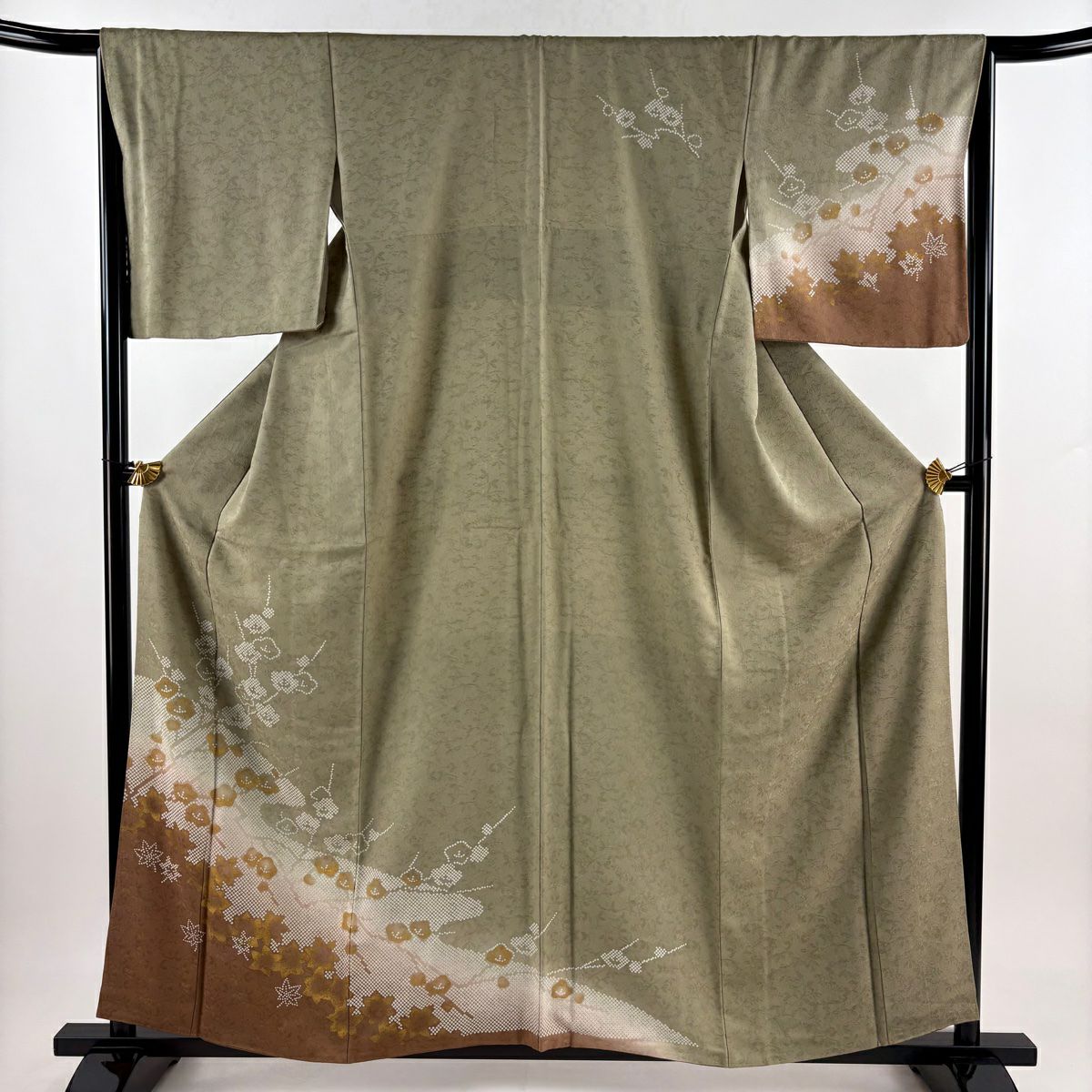 付下 身長158.5cm 袖長66cm M 雙層 枝梅花 楓 金銀彩 灰綠 純蠶絲 秀品級