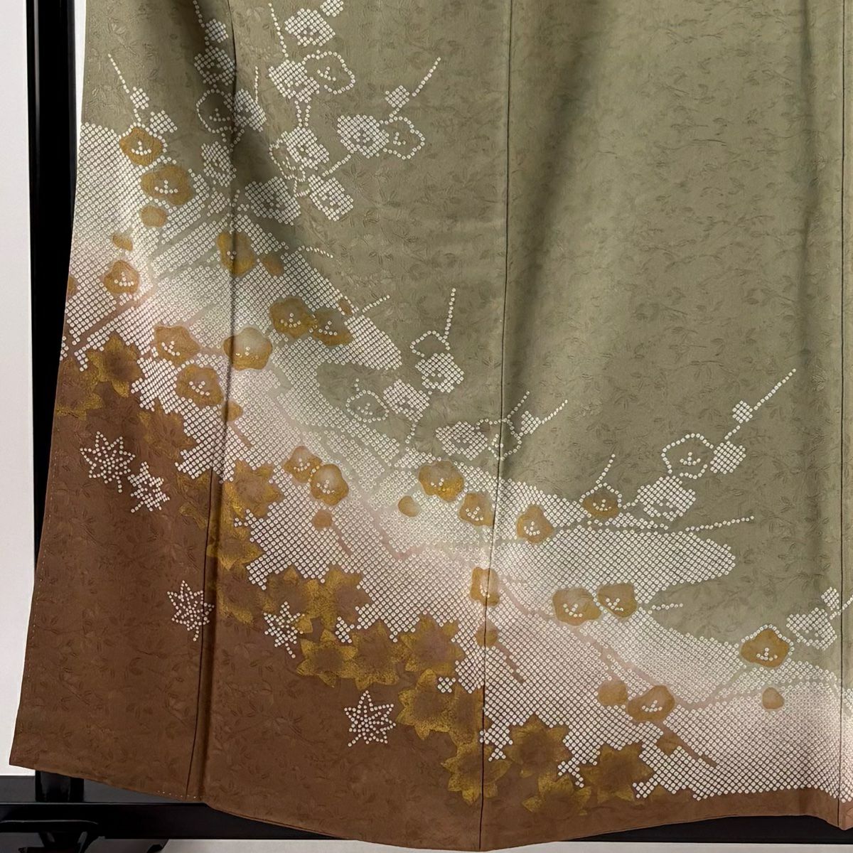 付下 身長158.5cm 袖長66cm M 雙層 枝梅花 楓 金銀彩 灰綠 純蠶絲 秀品級