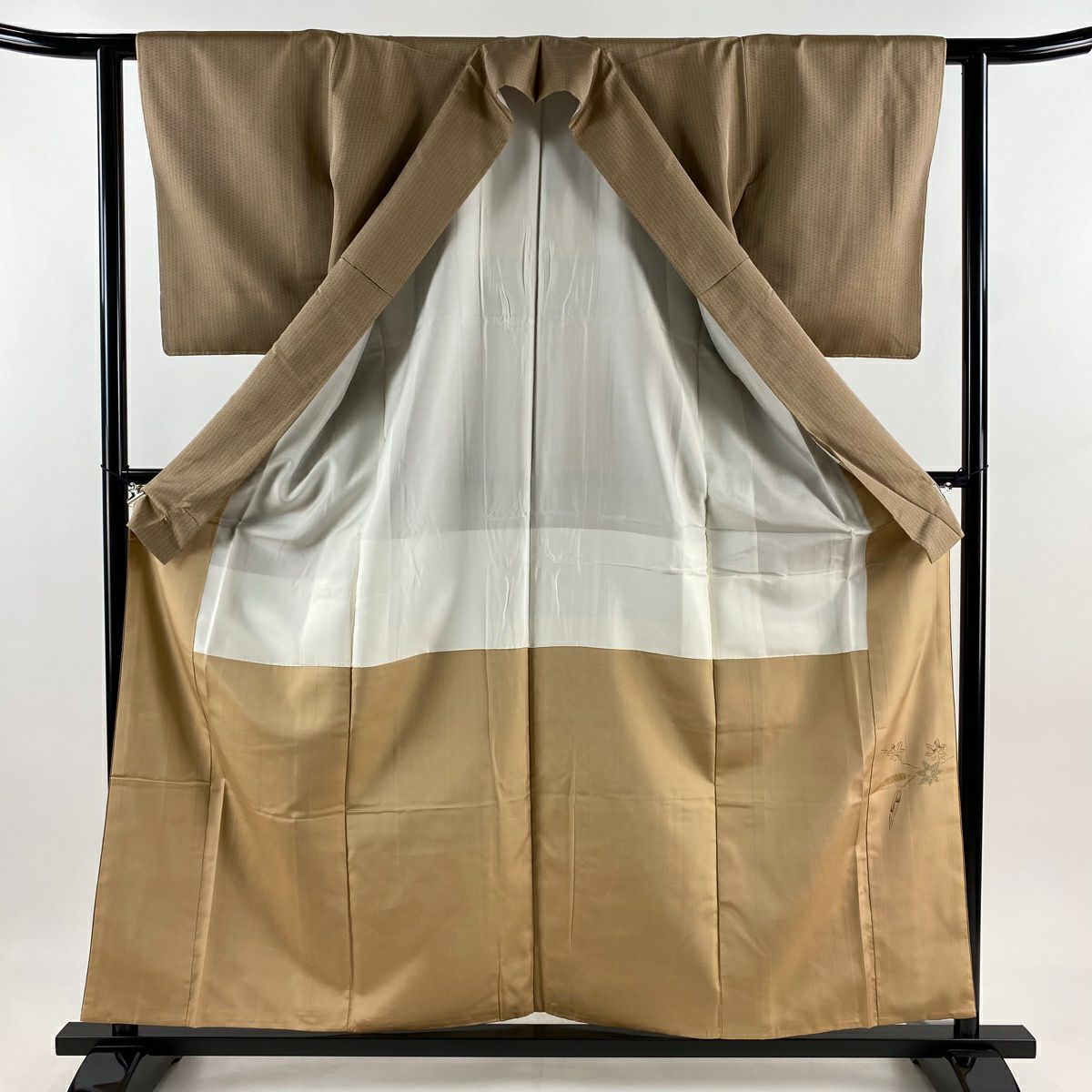 【美品】 付下 身長158.5cm 袖長60cm S 雙層 大和 菱格子 淺茶 純蠶絲 優品級