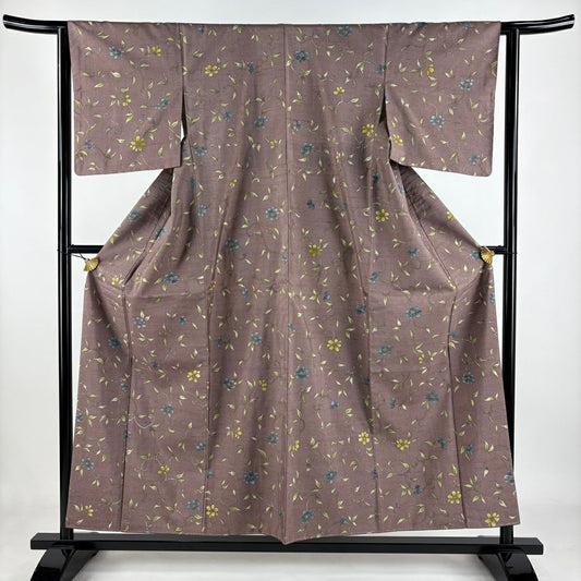 【美品】 小紋 身長156cm 袖長62.5cm S 雙層 紬織織 花唐草紋 灰紫 純蠶絲 名品級
