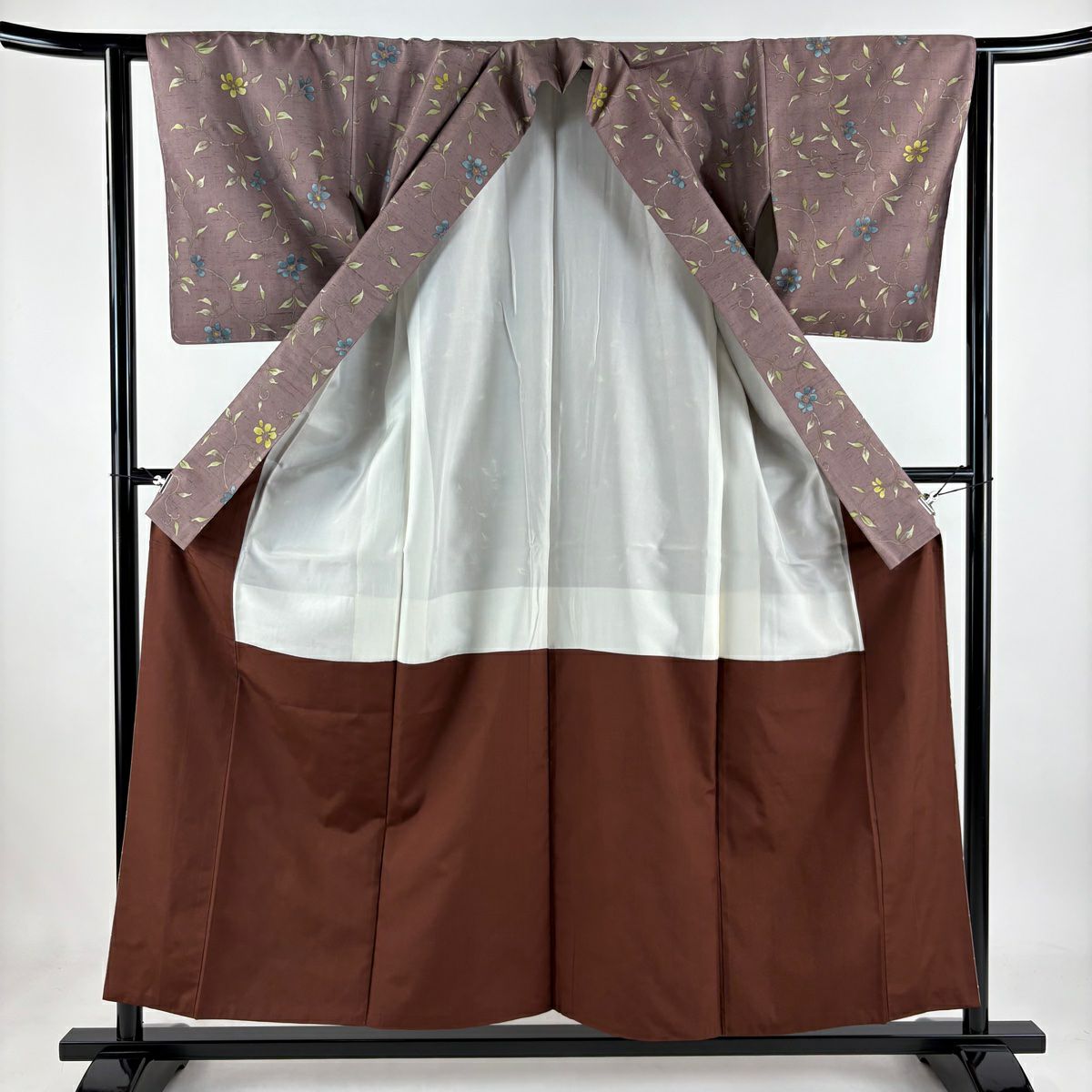【美品】 小紋 身長156cm 袖長62.5cm S 雙層 紬織織 花唐草紋 灰紫 純蠶絲 名品級