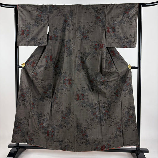 【美品】 大島紬織 身長158.5cm 袖長64cm M 雙層 證書附帶 器物 草花紋紋 純泥染 焦茶 純蠶絲 名品級