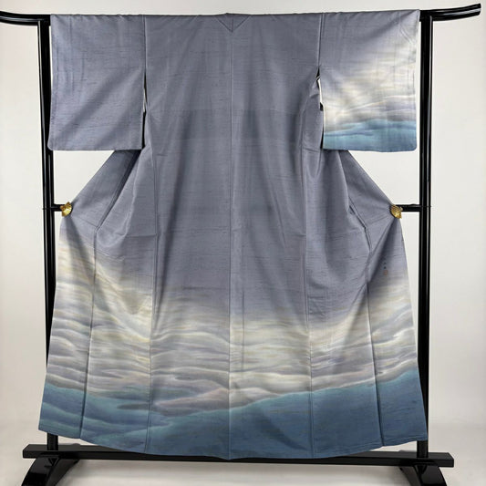 【美品】 付下 身長157cm 袖長62cm S 雙層 紬織織 百貫 大和 落款あり 霞 漸層 染分 灰紫 純蠶絲 名品級