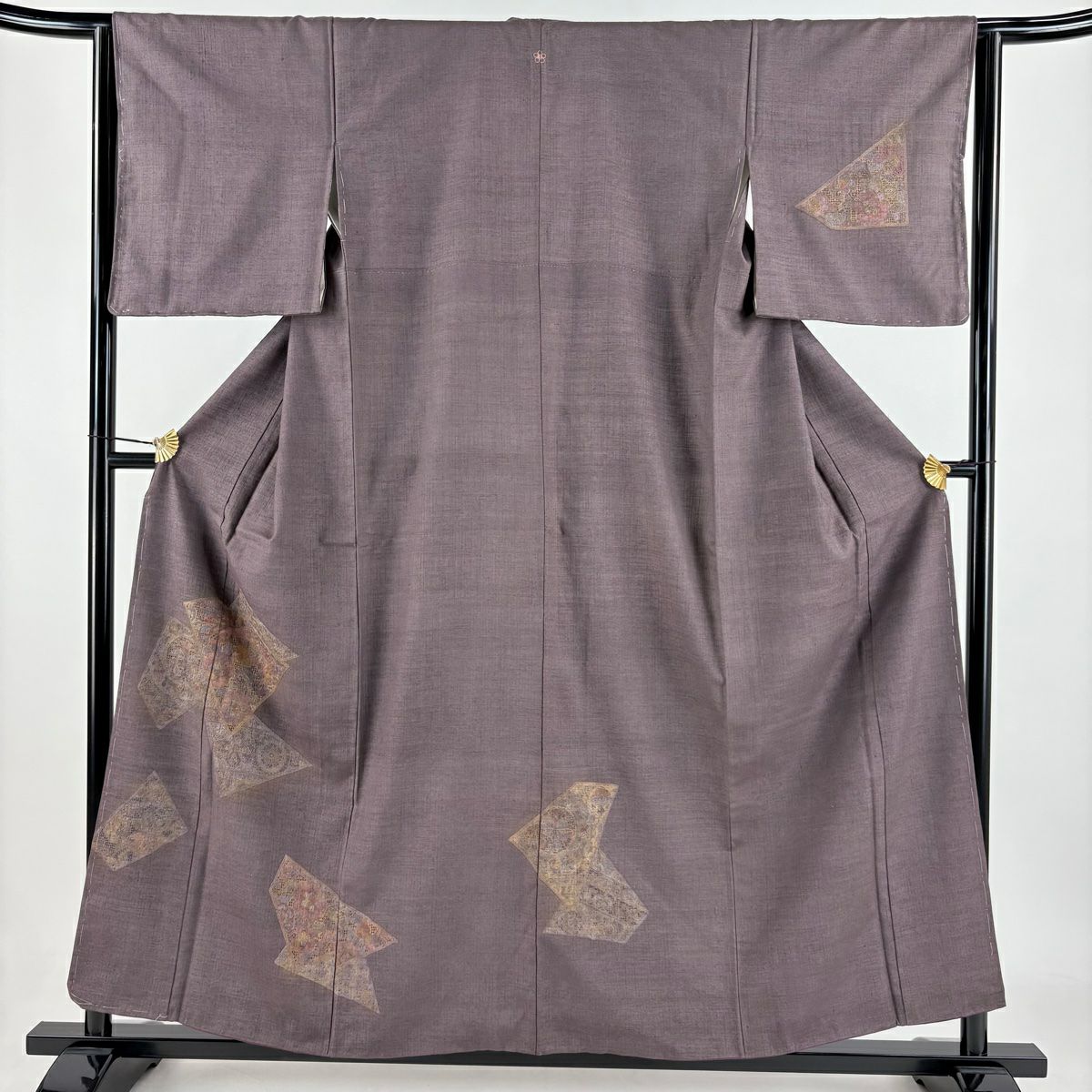 付下 身長157cm 袖長64cm M 雙層 紬織織 鳥 草花紋刺繡 金彩裝飾 茶紫 純蠶絲 名品級 一つ紋