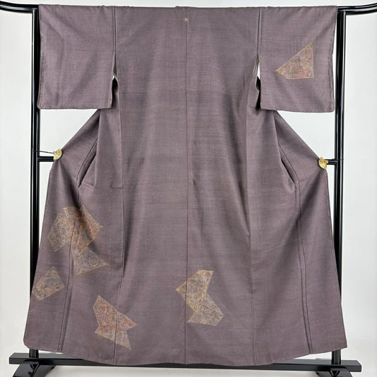 付下 身長157cm 袖長64cm M 雙層 紬織織 鳥 草花紋刺繡 金彩裝飾 茶紫 純蠶絲 名品級 一つ紋