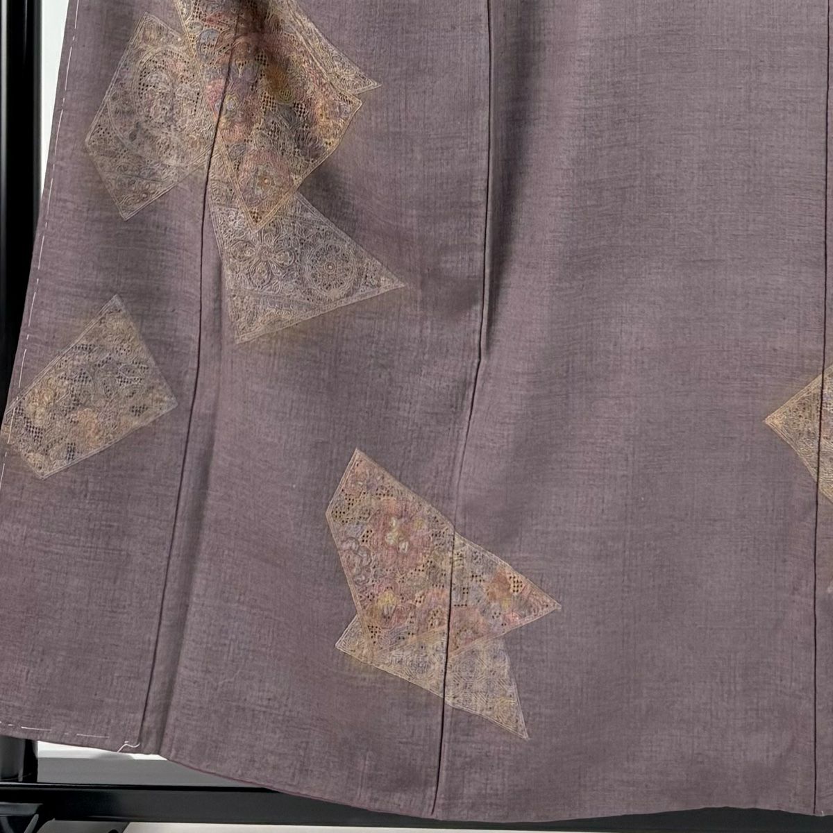 付下 身長157cm 袖長64cm M 雙層 紬織織 鳥 草花紋刺繡 金彩裝飾 茶紫 純蠶絲 名品級 一つ紋