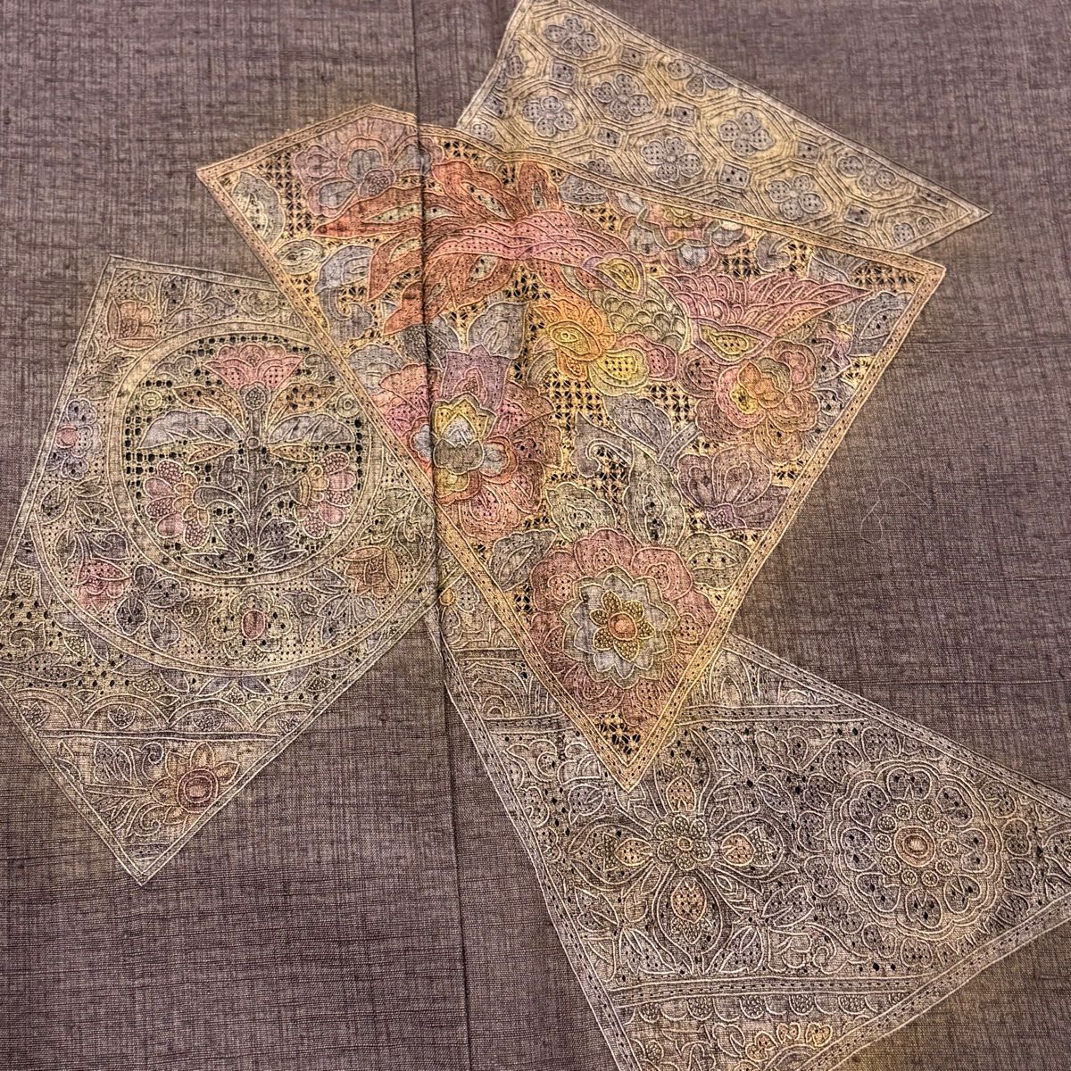 付下 身長157cm 袖長64cm M 雙層 紬織織 鳥 草花紋刺繡 金彩裝飾 茶紫 純蠶絲 名品級 一つ紋