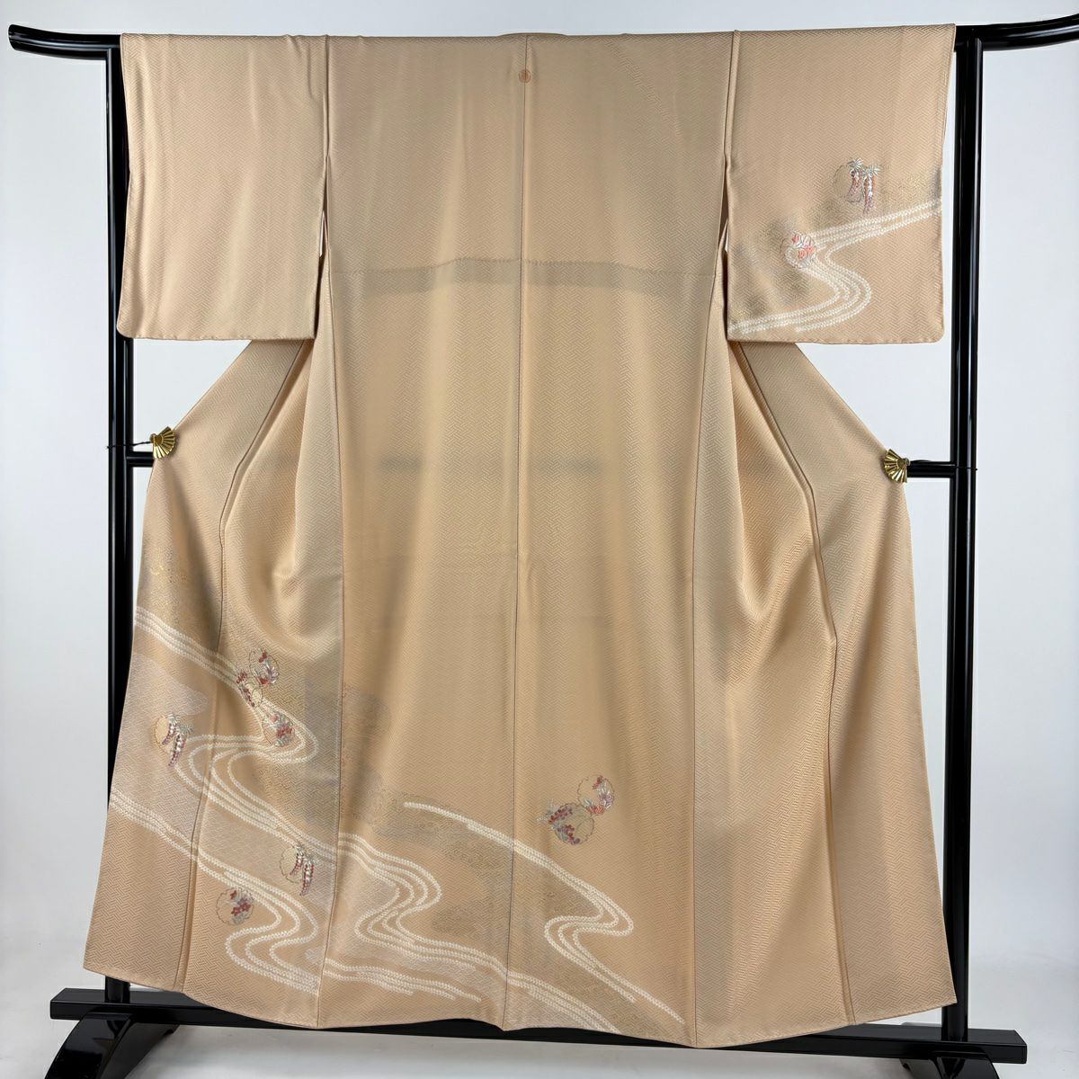 訪問服 身長156cm 袖長64cm M 雙層 雪輪 流水 刺繡 金銀彩 淺橙色 純蠶絲 名品級 一つ紋