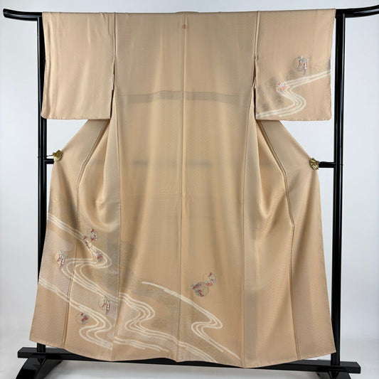 訪問服 身長156cm 袖長64cm M 雙層 雪輪 流水 刺繡 金銀彩 淺橙色 純蠶絲 名品級 一つ紋