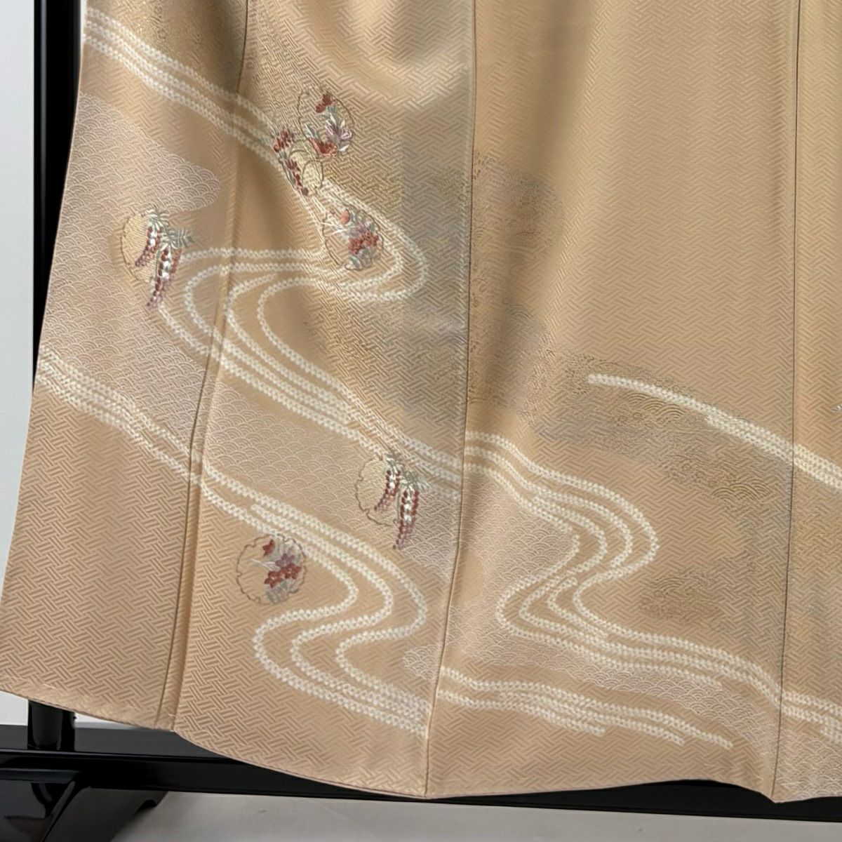 訪問服 身長156cm 袖長64cm M 雙層 雪輪 流水 刺繡 金銀彩 淺橙色 純蠶絲 名品級 一つ紋