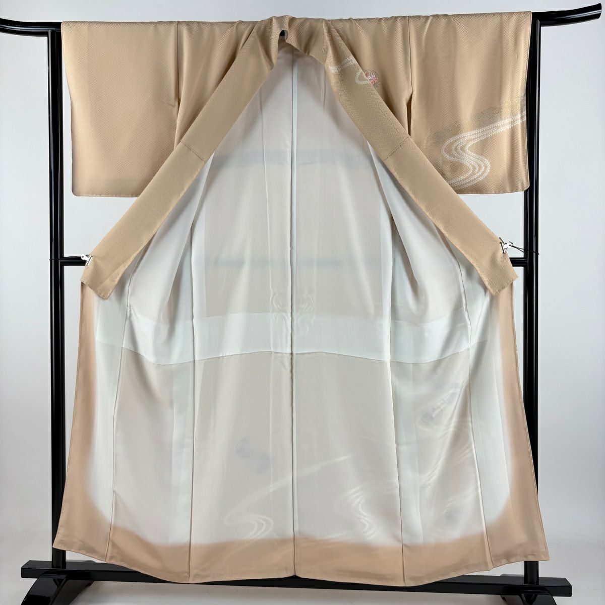 訪問服 身長156cm 袖長64cm M 雙層 雪輪 流水 刺繡 金銀彩 淺橙色 純蠶絲 名品級 一つ紋