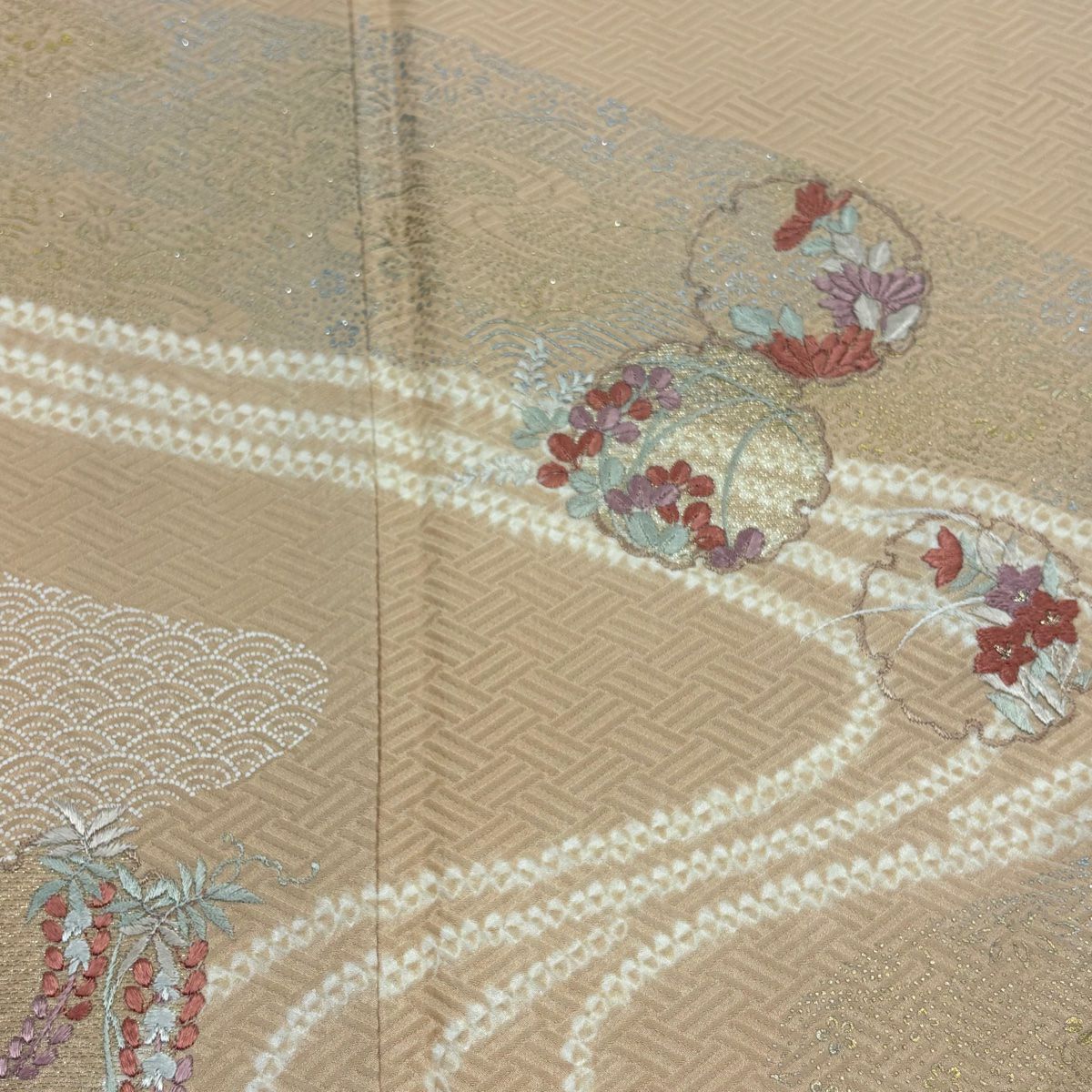 訪問服 身長156cm 袖長64cm M 雙層 雪輪 流水 刺繡 金銀彩 淺橙色 純蠶絲 名品級 一つ紋