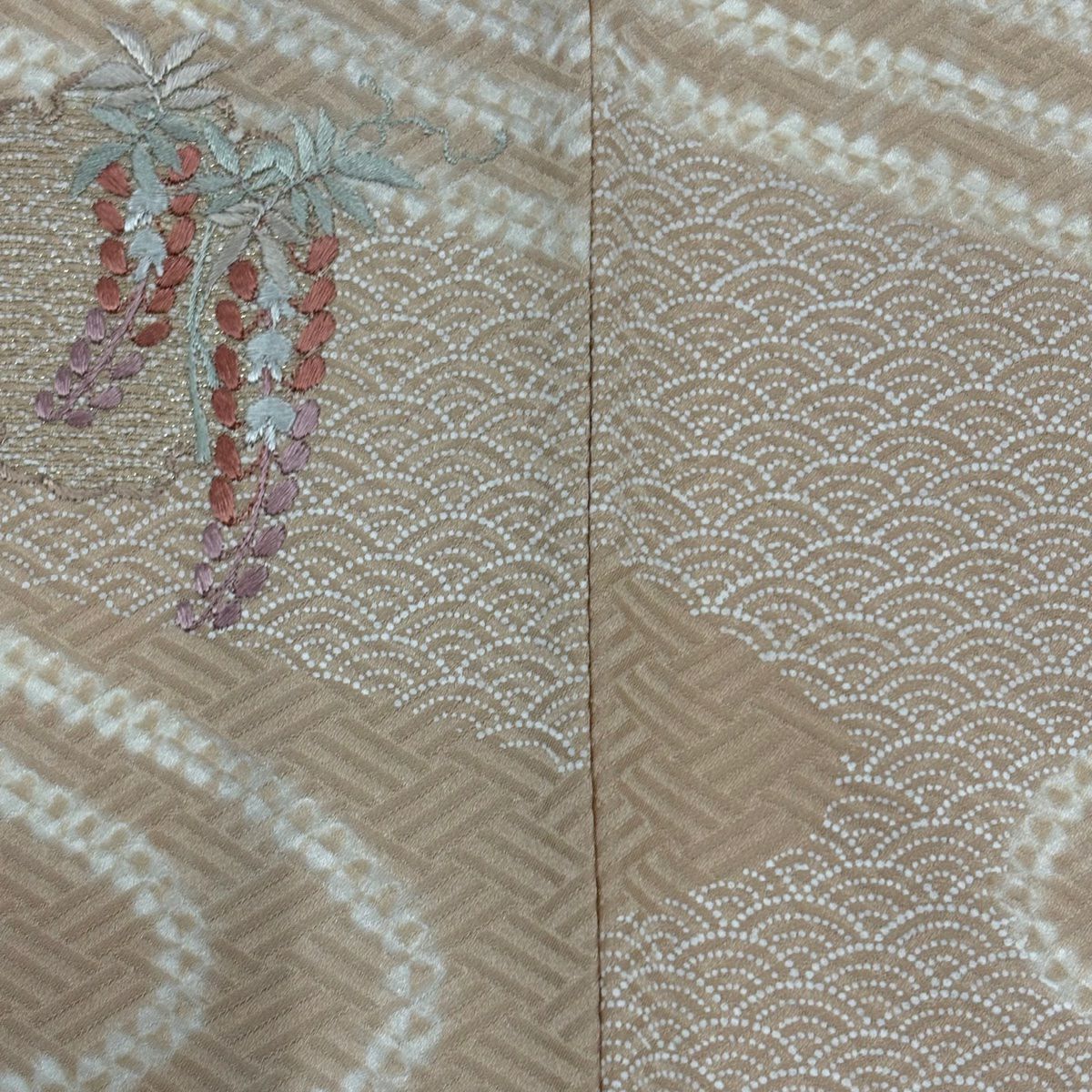 訪問服 身長156cm 袖長64cm M 雙層 雪輪 流水 刺繡 金銀彩 淺橙色 純蠶絲 名品級 一つ紋