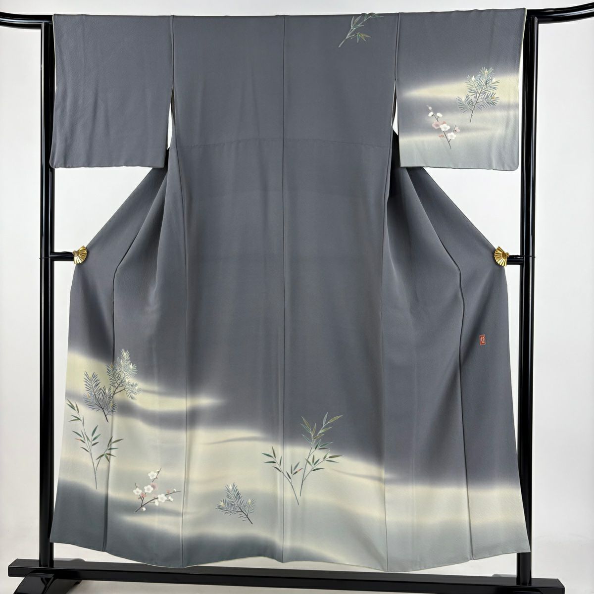 訪問服 身長153cm 袖長62.5cm S 雙層 田村哲彦 落款あり 松樹竹子梅花 霞 漸層 灰 純蠶絲 名品級