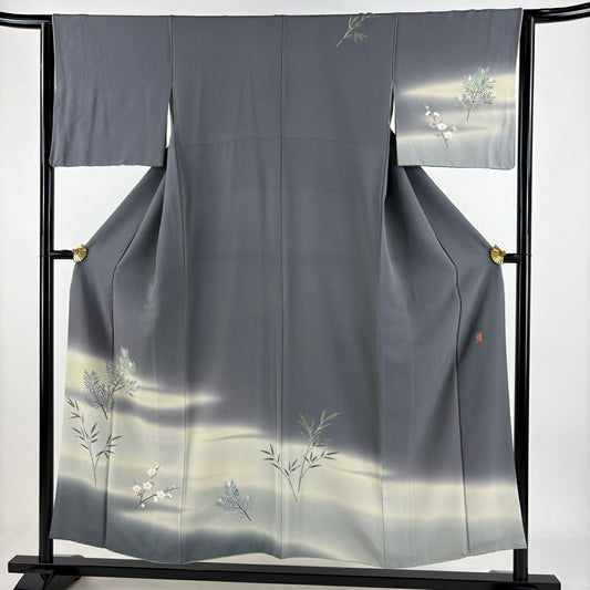 訪問服 身長153cm 袖長62.5cm S 雙層 田村哲彦 落款あり 松樹竹子梅花 霞 漸層 灰 純蠶絲 名品級
