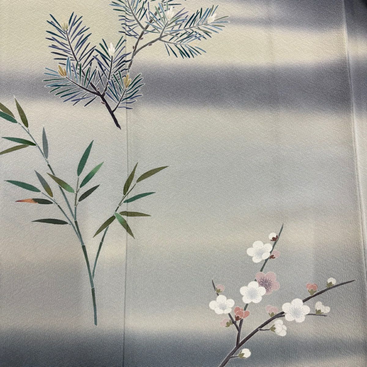 訪問服 身長153cm 袖長62.5cm S 雙層 田村哲彦 落款あり 松樹竹子梅花 霞 漸層 灰 純蠶絲 名品級
