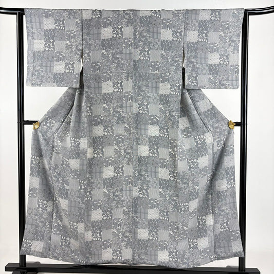小紋 身長155cm 袖長63cm S 雙層 草花紋紋 市松樹 縮緬 灰色 純蠶絲 名品級