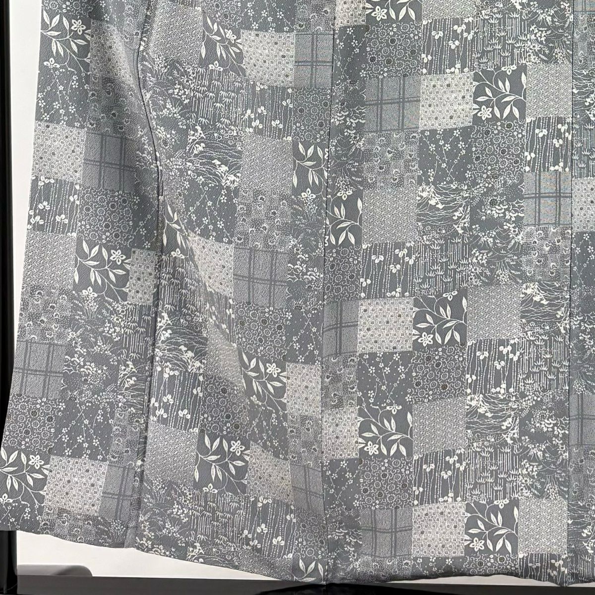 小紋 身長155cm 袖長63cm S 雙層 草花紋紋 市松樹 縮緬 灰色 純蠶絲 名品級