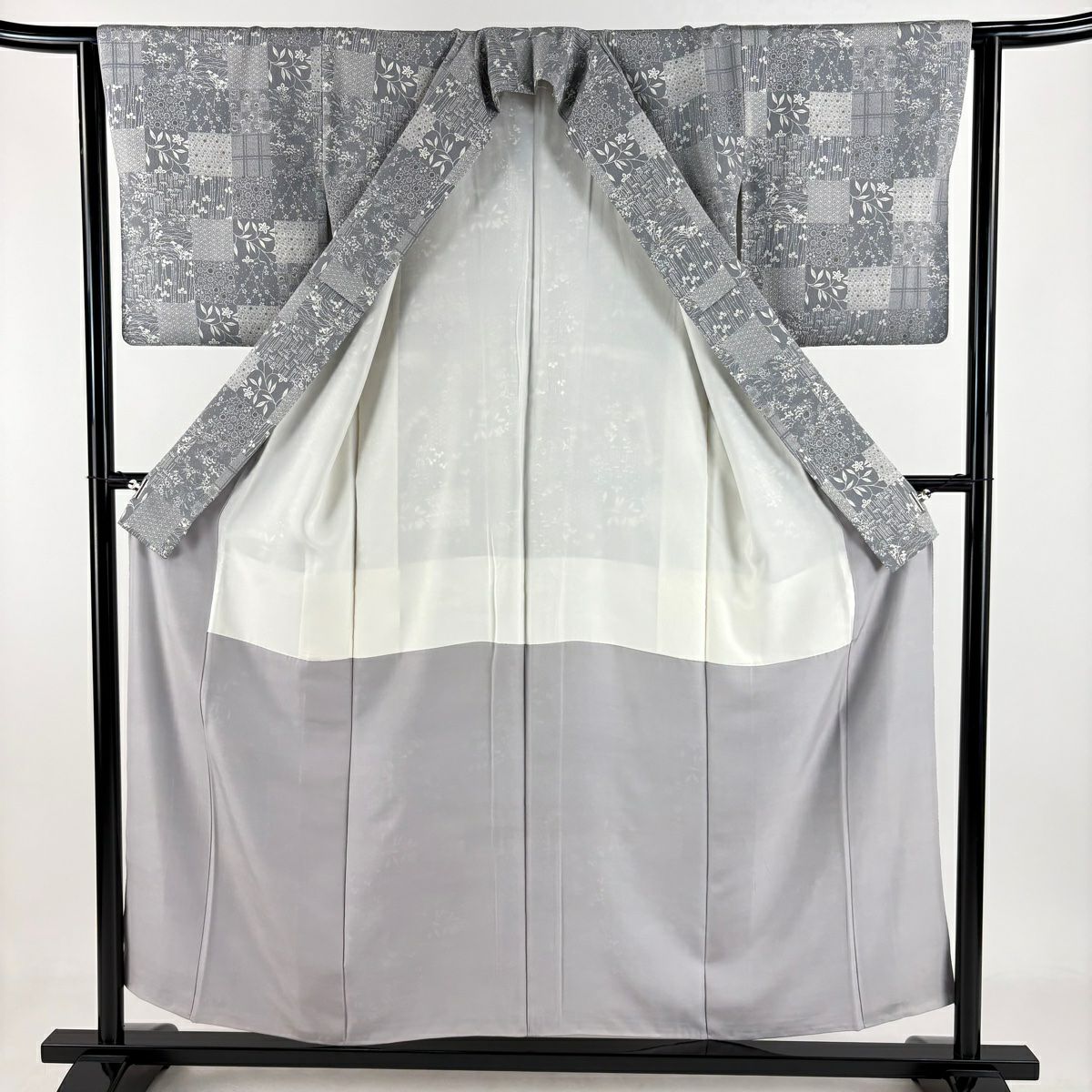 小紋 身長155cm 袖長63cm S 雙層 草花紋紋 市松樹 縮緬 灰色 純蠶絲 名品級