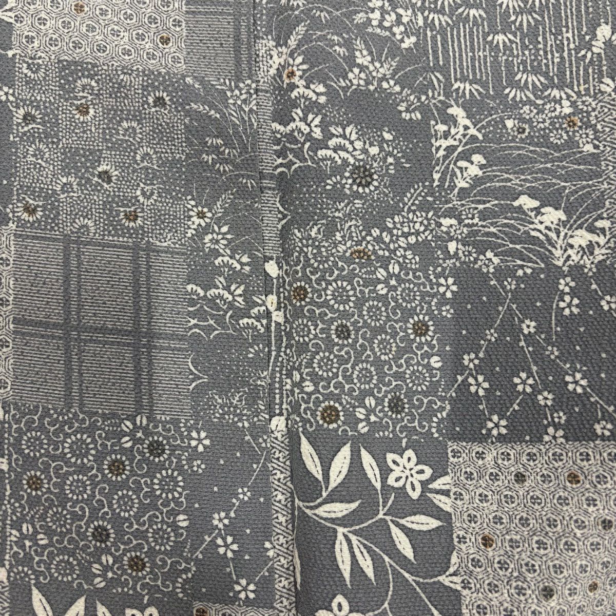 小紋 身長155cm 袖長63cm S 雙層 草花紋紋 市松樹 縮緬 灰色 純蠶絲 名品級
