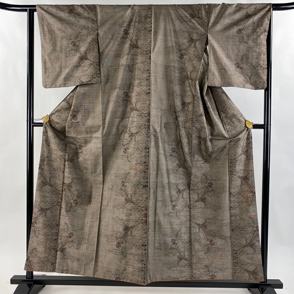 【美品】 紬織 身長155cm 袖長64cm M 雙層 青海波 草花紋 茶 純蠶絲 名品級