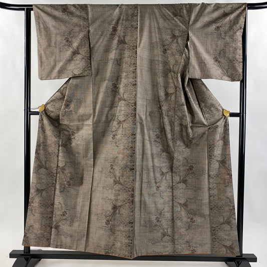 【美品】 紬織 身長155cm 袖長64cm M 雙層 青海波 草花紋 茶 純蠶絲 名品級