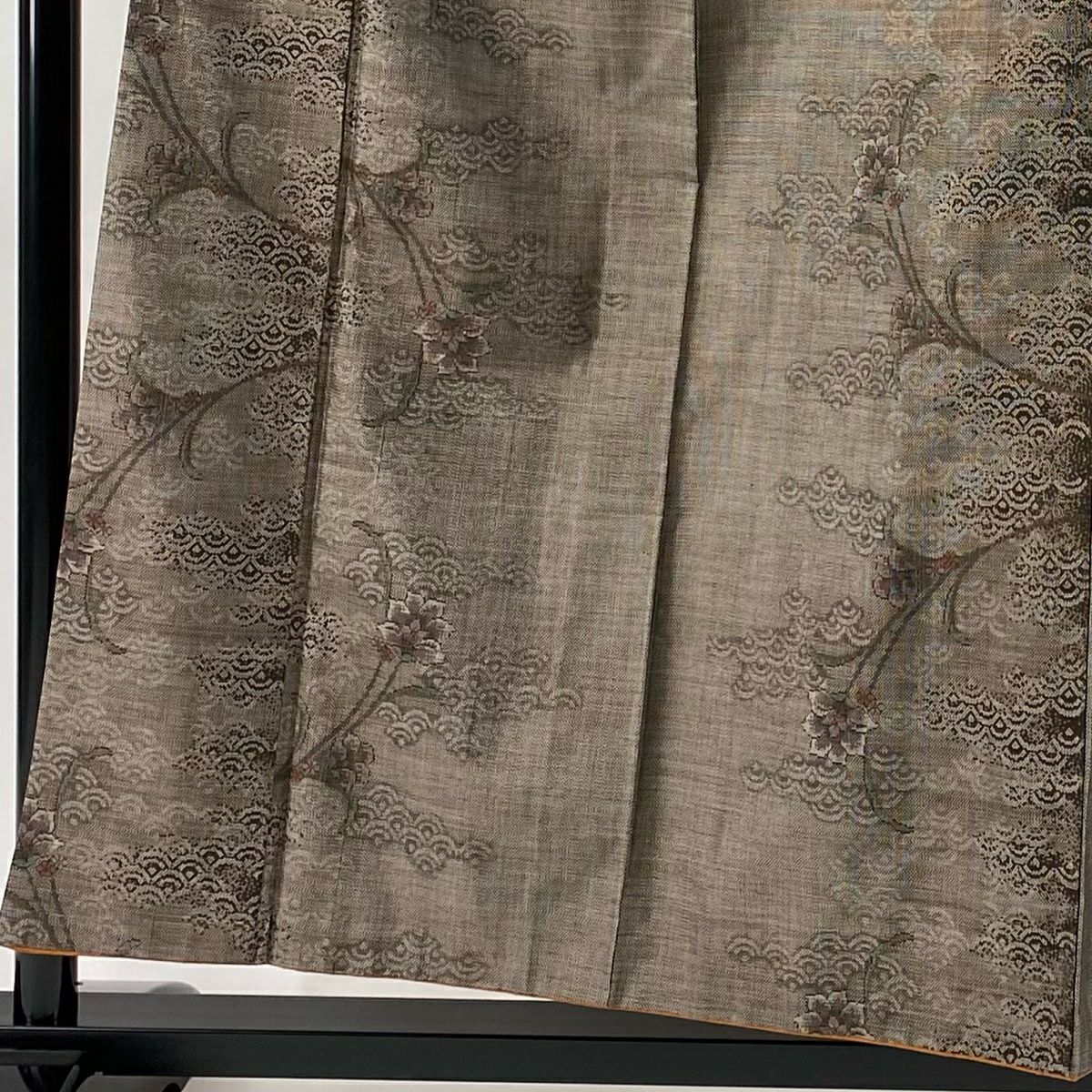 【美品】 紬織 身長155cm 袖長64cm M 雙層 青海波 草花紋 茶 純蠶絲 名品級