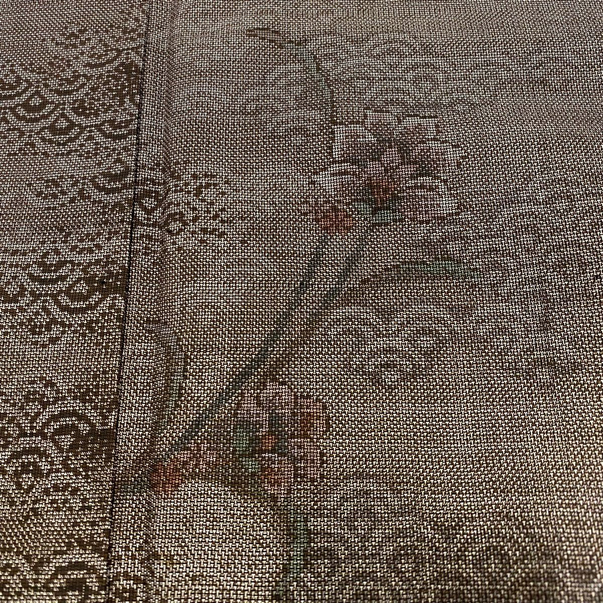 【美品】 紬織 身長155cm 袖長64cm M 雙層 青海波 草花紋 茶 純蠶絲 名品級