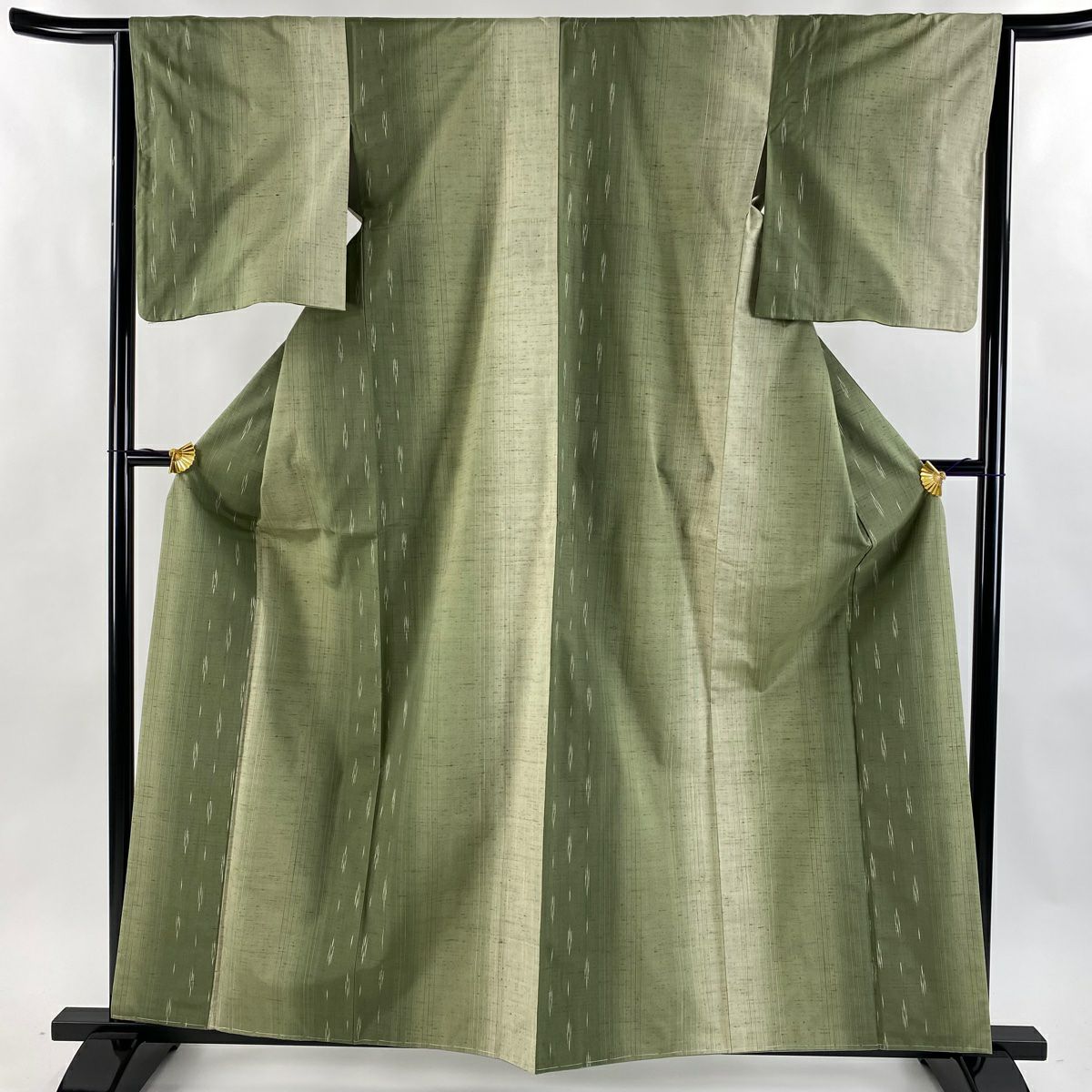 【美品】 紬織 身長160cm 袖長63.5cm S 雙層 縞 幾何圖案 灰綠 純蠶絲 名品級