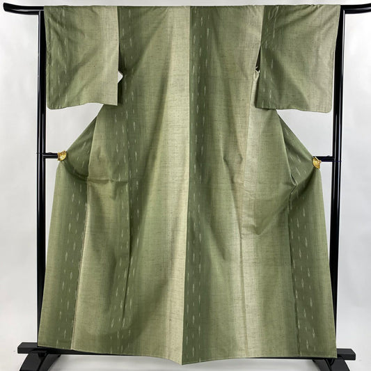 【美品】 紬織 身長160cm 袖長63.5cm S 雙層 縞 幾何圖案 灰綠 純蠶絲 名品級